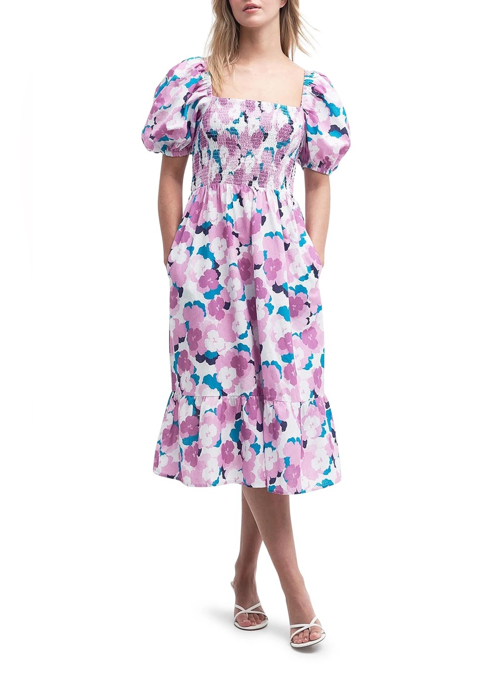 Barbour Pink Floral Smocked Puff Sleeve Midi Dress 14